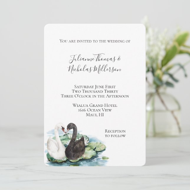 Romantic Swans Lake Water Lilies Wedding Invitation (Standing Front)