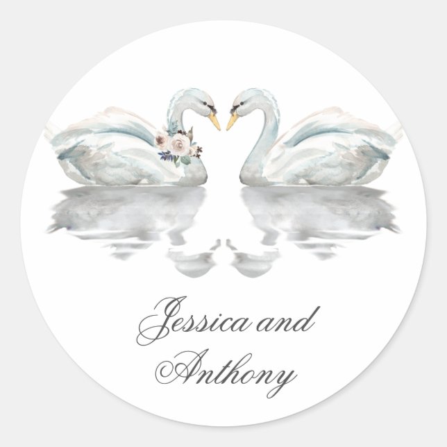 Romantic Swans Wedding Bride and Groom Classic Round Sticker (Front)