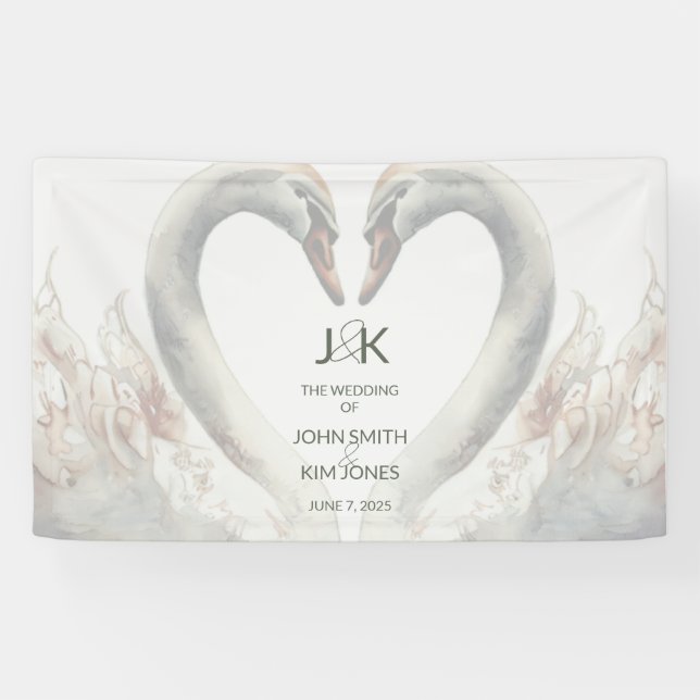 Romantic Swans Wedding Couple Monogram Banner (Horizontal)