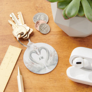Romantic Swans Wedding Couple Monogram Keychain