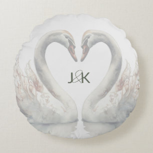 Romantic Swans Wedding Couple Monogram Round Pillow