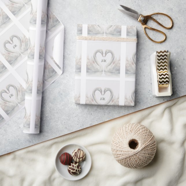 Romantic Swans Wedding Couple Monogram Wrapping Paper (Crafts)
