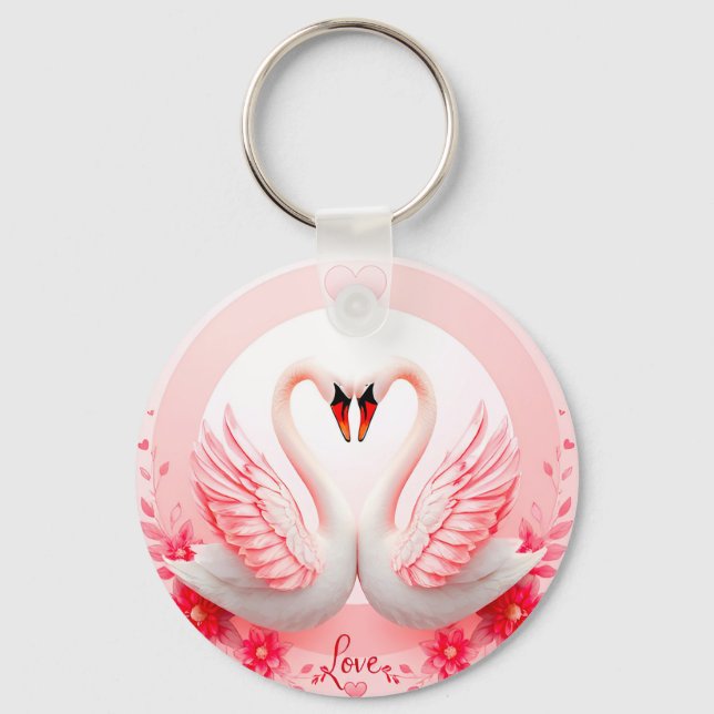 Romantic Swans with Floral Accents Keychain (Front)
