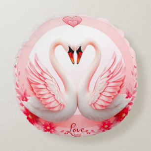 Romantic Swans with Floral Accents Round Pillow