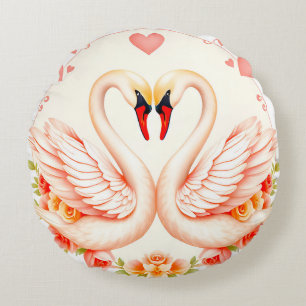 Romantic Swans with Floral Accents Round Pillow