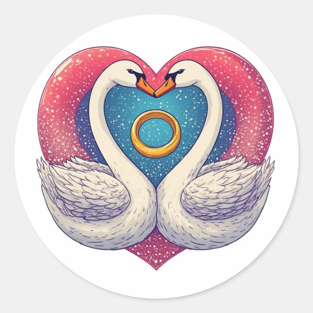 Romantic Swans with Heart Shape, Wedding Ring Classic Round Sticker (Front)
