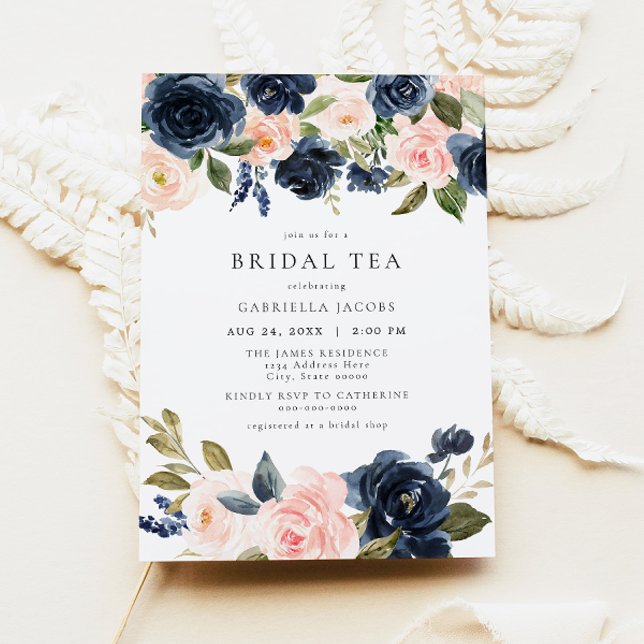 Romantic & Sweet Navy Blush Floral Bridal Tea Invitation (Creator Uploaded)