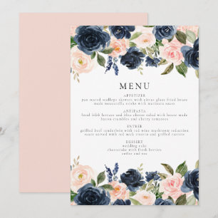 Romantic & Sweet Navy Blush Floral Dinner Menu Invitation