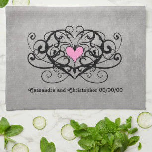 Romantic swirls and hearts wedding kitchen towel