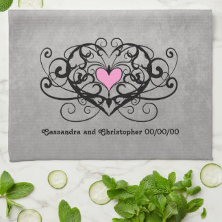 Romantic swirls and hearts wedding kitchen towel