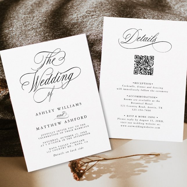 Romantic Swirly Calligraphy All In One Wedding  Invitation (Front & Back)