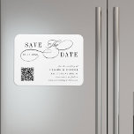 Romantic Swirly Calligraphy QR Code Save the Date Magnet<br><div class="desc">This romantic script save the date announcement magnet is perfect for a simple wedding. The minimalist black and white design features elegant and romantic swirly calligraphy lettering with a QR code.
For more advanced customization of this design,  please click the BLUE DESIGN TOOL BUTTON above!</div>