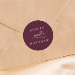 Romantic Swirly Calligraphy Wedding Burgundy Classic Round Sticker<br><div class="desc">This burgundy and white wedding sticker featuring elegant and romantic swirly calligraphy lettering with your names. For more advanced customization of this design,  please click the BLUE DESIGN TOOL BUTTON above!</div>