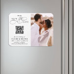 Romantic Swirly Script QR Code Save the Date Photo Magnet<br><div class="desc">This romantic script save the date announcement magnet is perfect for a simple wedding. The minimalist black and white design features elegant and romantic swirly calligraphy lettering with a QR code and a photo.
For more advanced customization of this design,  please click the BLUE DESIGN TOOL BUTTON above!</div>