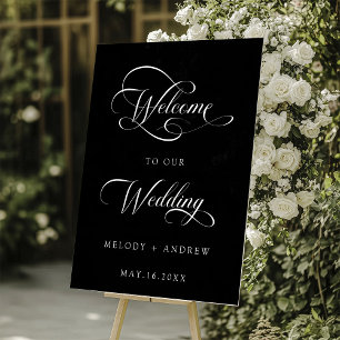 Romantic Swirly Script Wedding Welcome Black Acrylic Sign