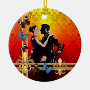 Romantic tango dancers on damask ceramic ornament