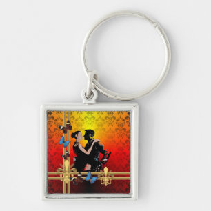 Romantic tango dancers on damask keychain