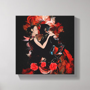 Romantic tango dancers on red fractal canvas print