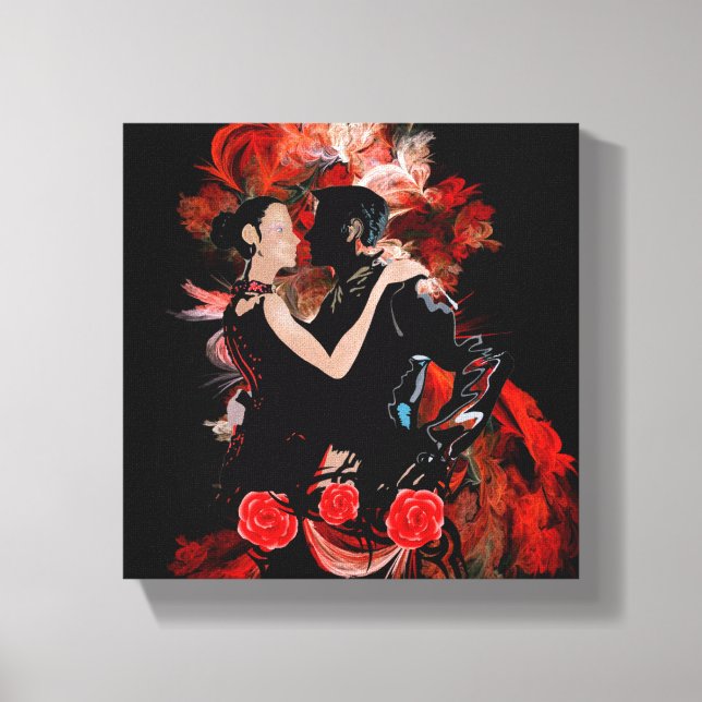 Romantic tango dancers on red fractal canvas print (Front)
