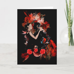 Romantic tango dancers on red fractal card