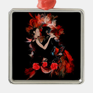 Romantic tango dancers on red fractal metal ornament