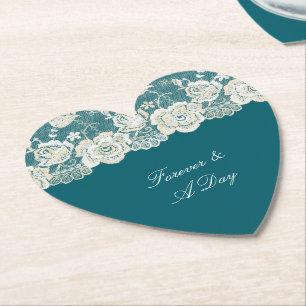 Romantic Teal Blue White Lace Floral Wedding Paper Coaster