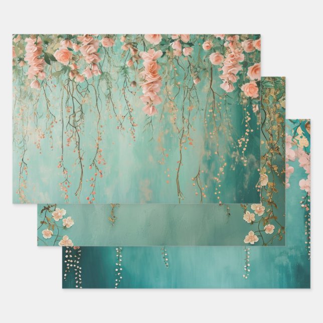 Romantic Teal Blush Flowers Wedding Wrapping Paper Sheet (Set)