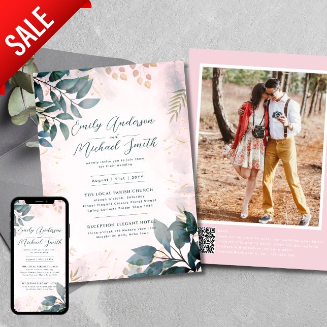 Romantic Teal Blush Photo Qr Code Rsvp Wedding  Invitation (Creator Uploaded)