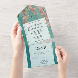 Romantic Teal Blush Pink Flowers Wedding All In One Invitation