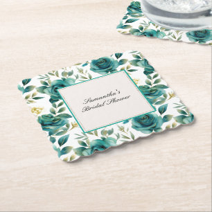 Romantic Teal Cream Rose Floral Bridal Shower Paper Coaster