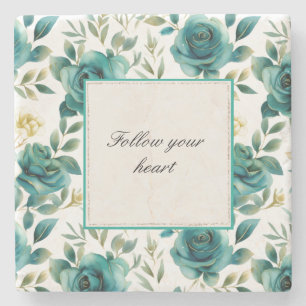 Romantic Teal Cream Rose Floral Bridal Shower Stone Coaster