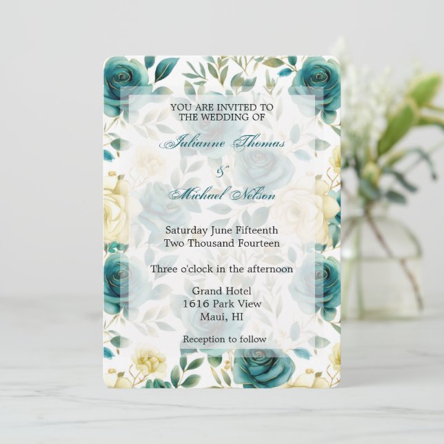 Romantic Teal Cream Roses Floral Wedding Invitation (Standing Front)