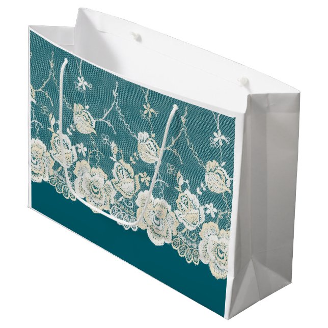 Romantic Teal Green Blue White Lace Floral Wedding Large Gift Bag (Front Angled)
