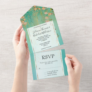 Romantic Teal Green Blush Pink Floral Wedding All In One Invitation
