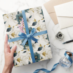 Romantic Teal Green Cream Flowers Wrapping Paper