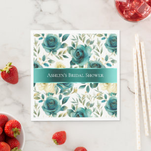 Romantic Teal Green Cream Rose Floral Napkin