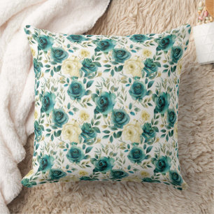 Romantic Teal Green Cream Rose Floral Throw Pillow