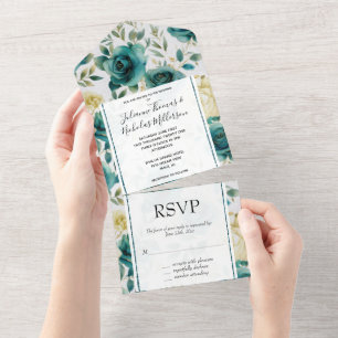 Romantic Teal Green Cream Rose Floral Wedding All In One Invitation