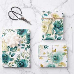 Romantic Teal Green Cream Rose Floral Wrapping Paper Sheet