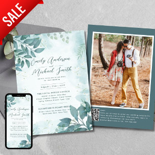 Romantic Teal Green Photo Qr Code Rsvp Wedding  Invitation
