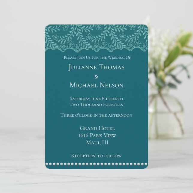 Romantic Teal Lace Floral White Pearl Wedding Invitation (Standing Front)