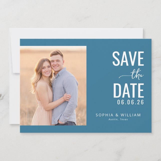 Romantic Teal Minimalist Photo Save The Date (Front)