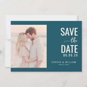 Romantic Teal Minimalist Photo Save The Date
