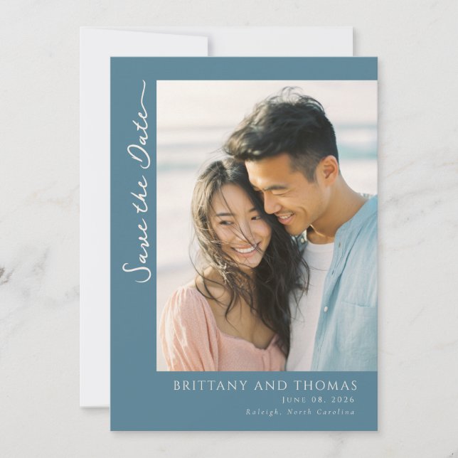 Romantic Teal Modern Photo Save The Date (Front)