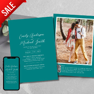 Romantic Teal Photo Qr Code Rsvp Wedding  Invitation