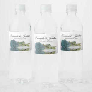 Romantic Teal Rose Couple's Names Elegant Wedding Water Bottle Label