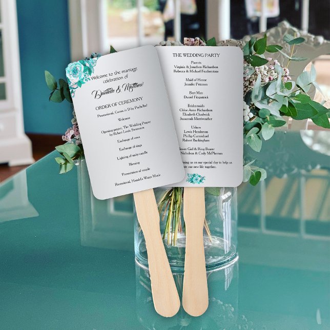 Romantic Teal Roses on Silver Wedding Program Hand Fan (Creator Uploaded)
