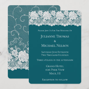 Romantic Teal White Lace Floral Wedding Invitation