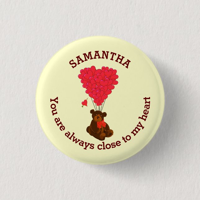 Romantic teddy bear and red heart personalized 1 inch round button (Front)