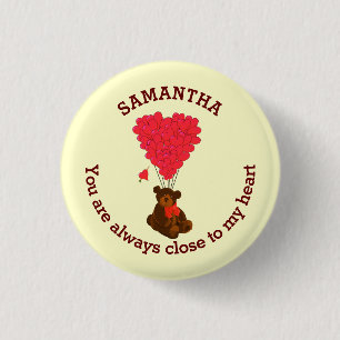 Romantic teddy bear and red heart personalized 1 inch round button